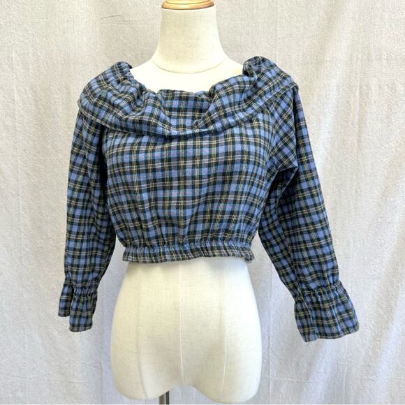 Stefano vintage 90s flannel plaid off the shoulder cropped peasant top medium - Picture 8 of 14